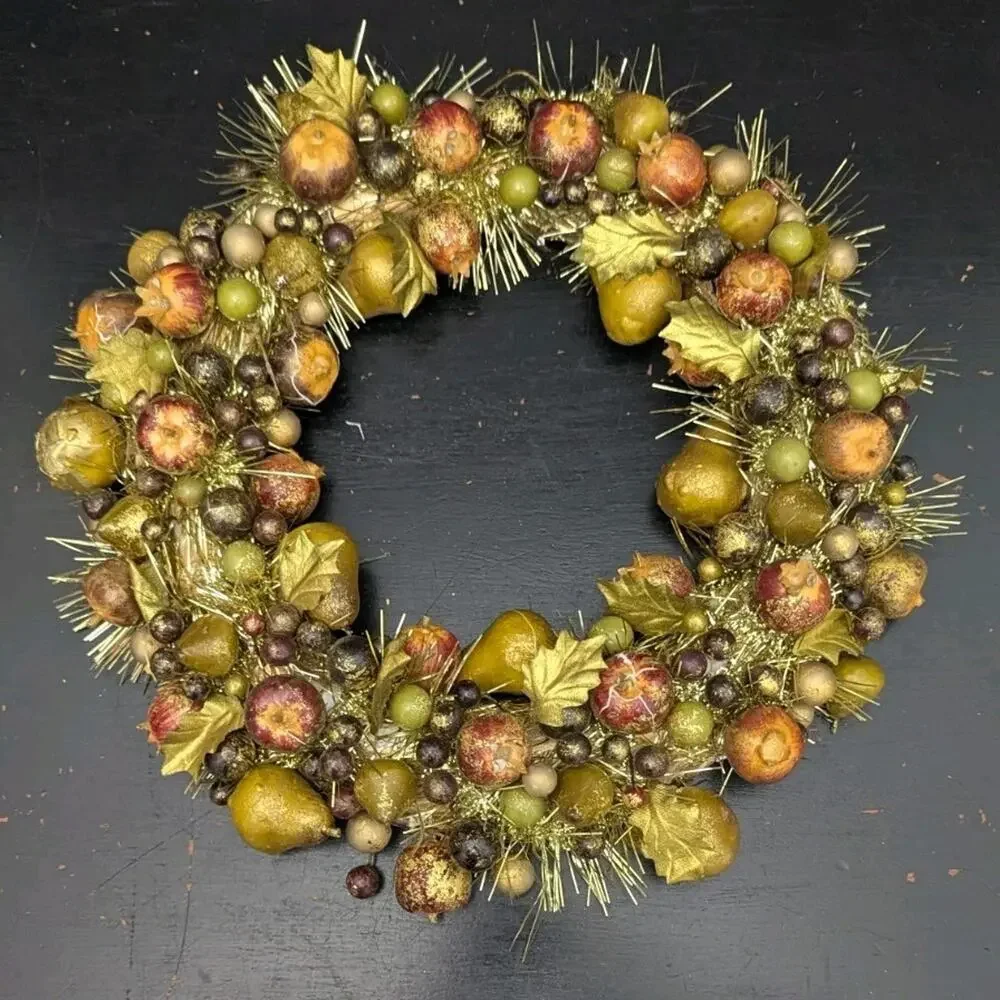 Gold Green Burgundy Tinsel Fruit Wreath Vintage 14